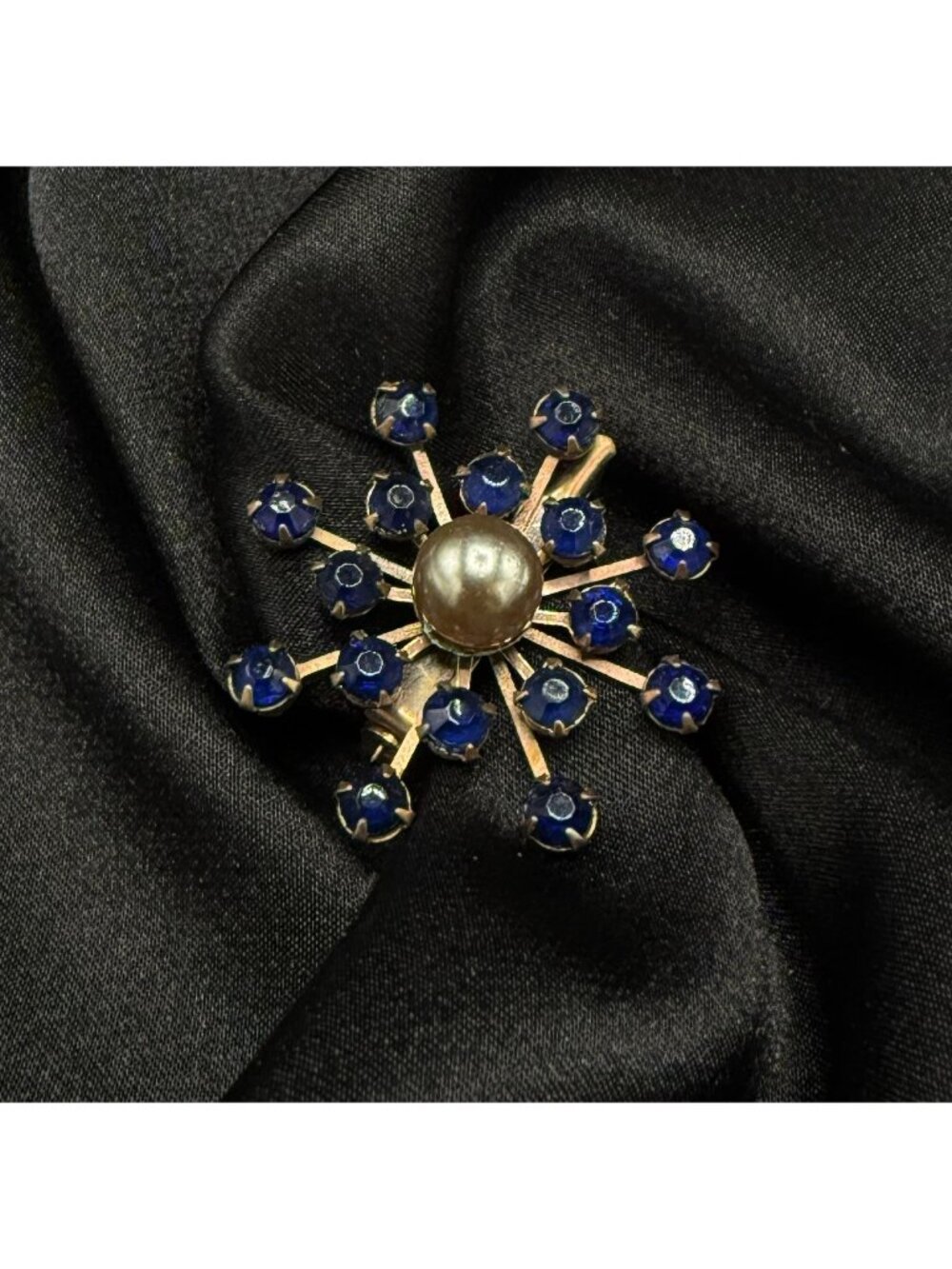 Vintage 1940s-1950s Gold-Tone Brooch With Faux Pearl & Blue Rhinestones